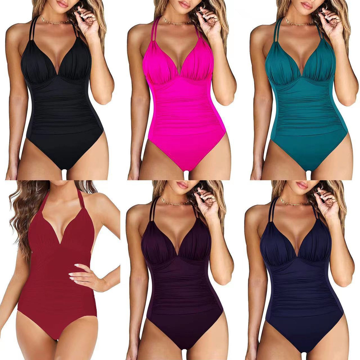 A collage of six swimsuits in various colors: black, pink, green, red, purple, and blue, each with a halter neck design.