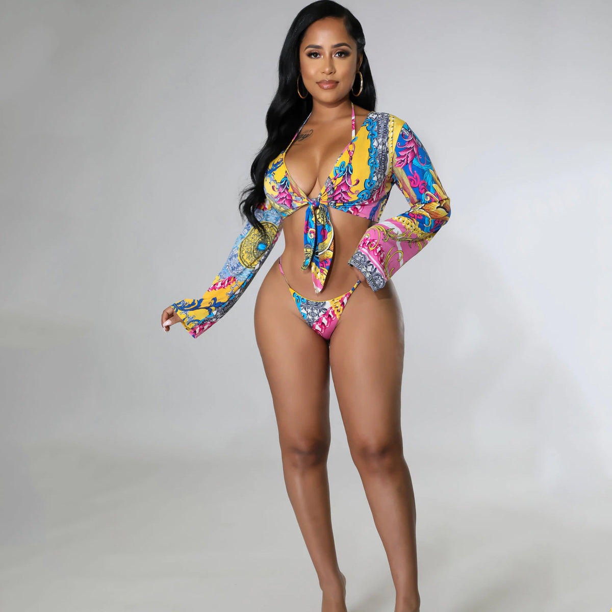 Women's Print Lace-Up Three-Piece Bikini Set | Long Sleeve Cover-Up