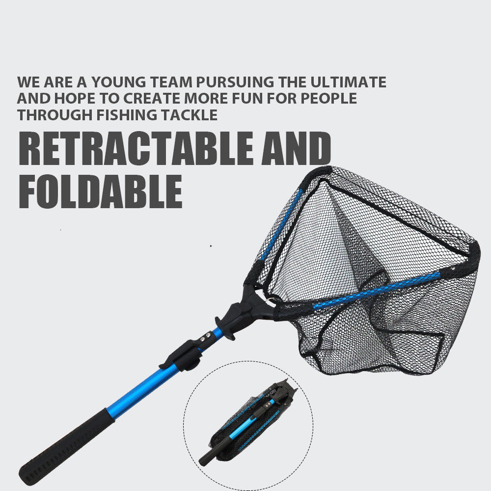 A promotional image featuring a black and blue aluminum alloy retractable and foldable fishing net with text highlighting the features.