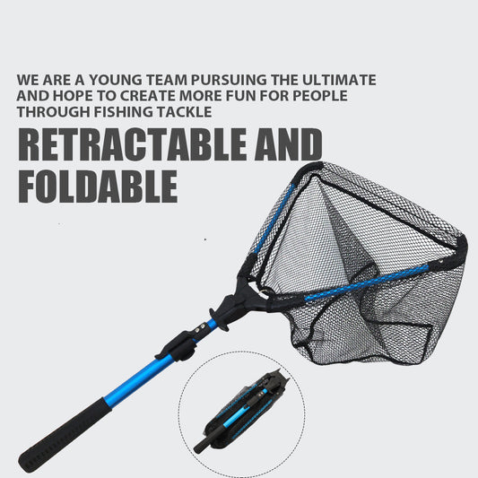A promotional image featuring a black and blue aluminum alloy retractable and foldable fishing net with text highlighting the features.