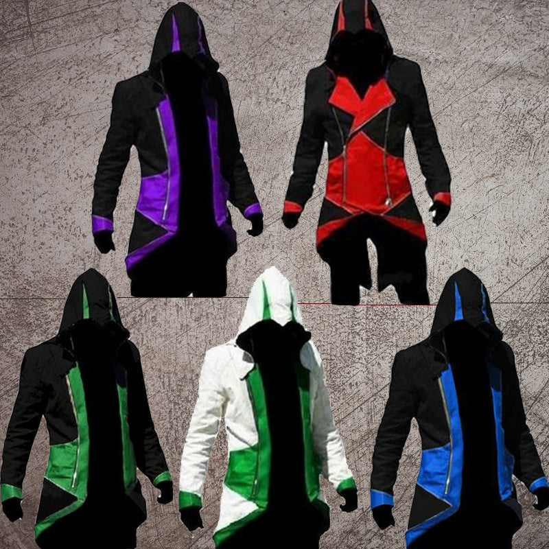 A collection of hooded jackets in various colors including black, red, white, green, and purple, featuring a similar design with a zipper front and hood.
