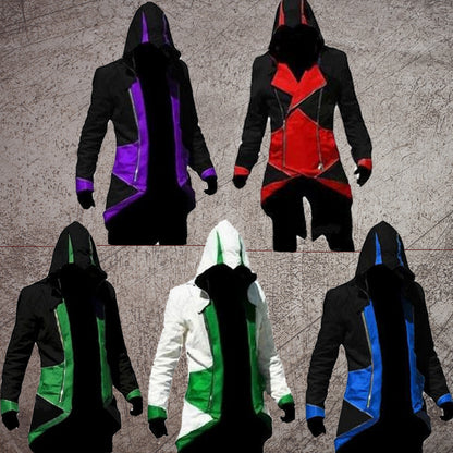 A collection of hooded jackets in various colors including black, red, white, green, and purple, featuring a similar design with a zipper front and hood.