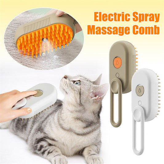 The image shows a beige electric spray massage comb for pets, with a person holding it and a cat being groomed with it. Insets show the comb's features and a cat enjoying the grooming process.