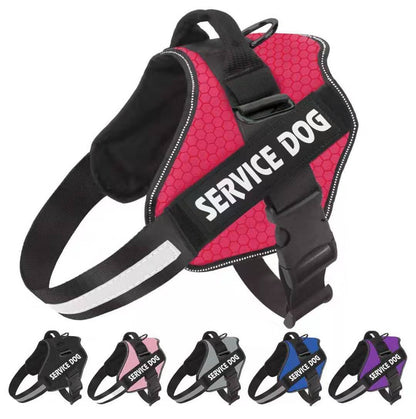 A black dog harness with 'SERVICE DOG' text printed on the back, equipped with adjustable straps and a buckle.