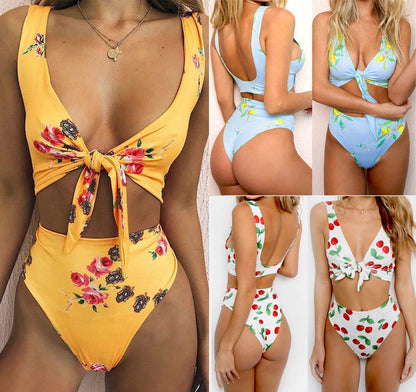 A collage of images displaying a bikini knotted swimsuit in various colors with floral patterns.