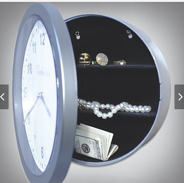 A clock with a safe compartment containing jewelry and cash, demonstrating the dual functionality of the timekeeping device and secure storage.