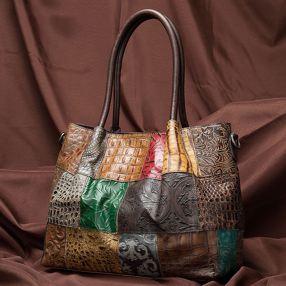 Women's Genuine Leather Patchwork Tote Bag – Colorful Embossed Shoulder Handbag
