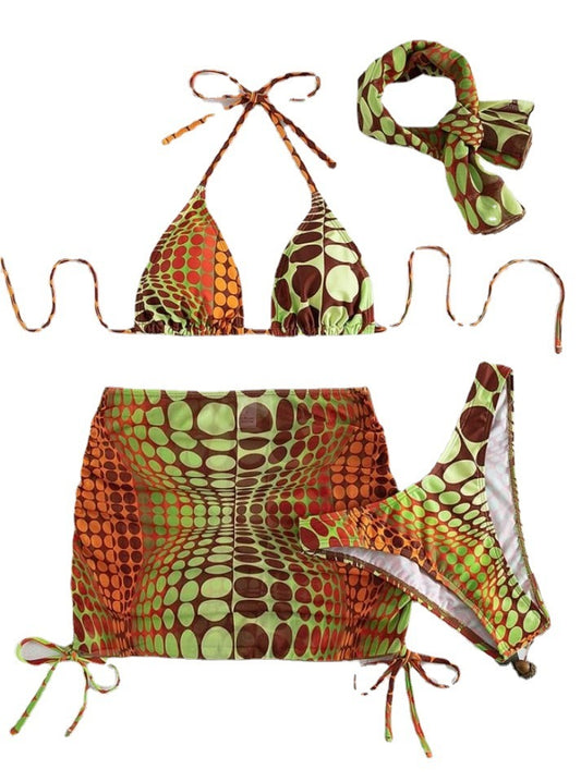 The image features a vibrant, geometric patterned split bikini swimsuit in shades of orange and yellow. The swimsuit includes a halter neck top with a deep split design and matching shorts that provide a stylish and flattering fit.