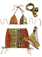 The image features a vibrant, geometric patterned split bikini swimsuit in shades of orange and yellow. The swimsuit includes a halter neck top with a deep split design and matching shorts that provide a stylish and flattering fit.