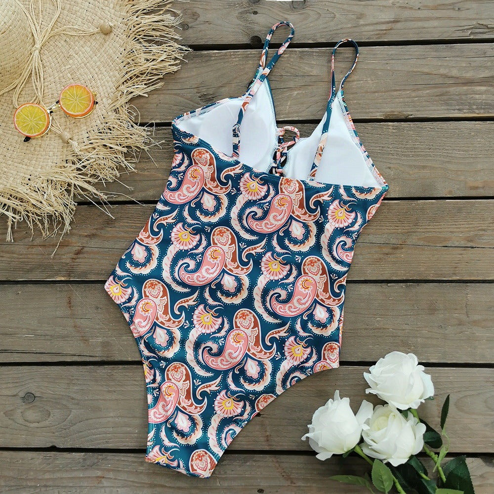 Women's Deep V Tie One-Piece Swimsuit | Floral Print