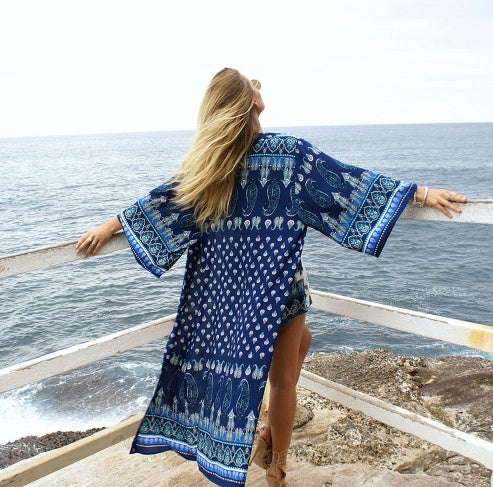 Chiffon Kimono Vintage Floral Cardigan Boho Loose Beach Shawl Long Tops Blouse Shirt Bikini Cover up Sunscreen