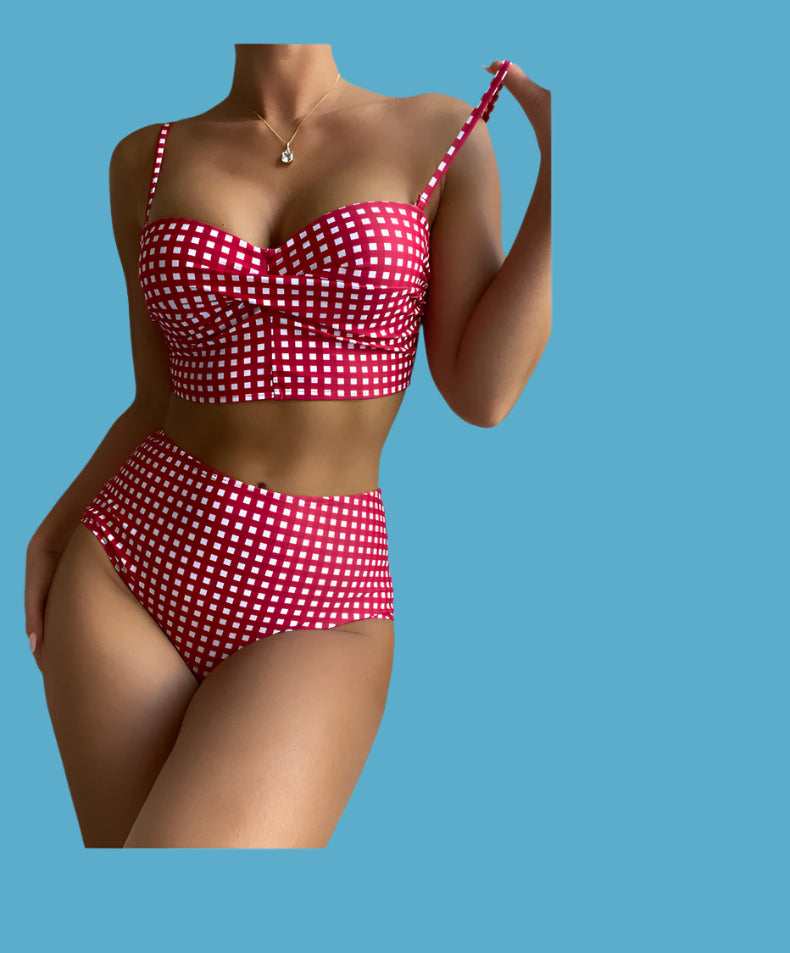 Women's Plaid High-Waist Bikini Set – Two-Piece Swimsuit with Underwire Top & Swim Briefs