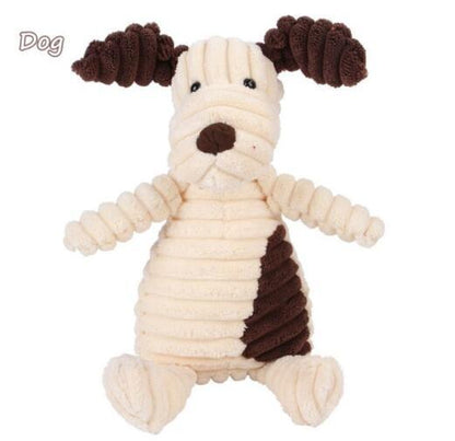A collection of plush animal toys including a pink pig, brown monkey, white rabbit, orange fox, and a gray sheep, all made from soft corduroy fabric.