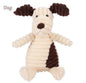 A collection of plush animal toys including a pink pig, brown monkey, white rabbit, orange fox, and a gray sheep, all made from soft corduroy fabric.