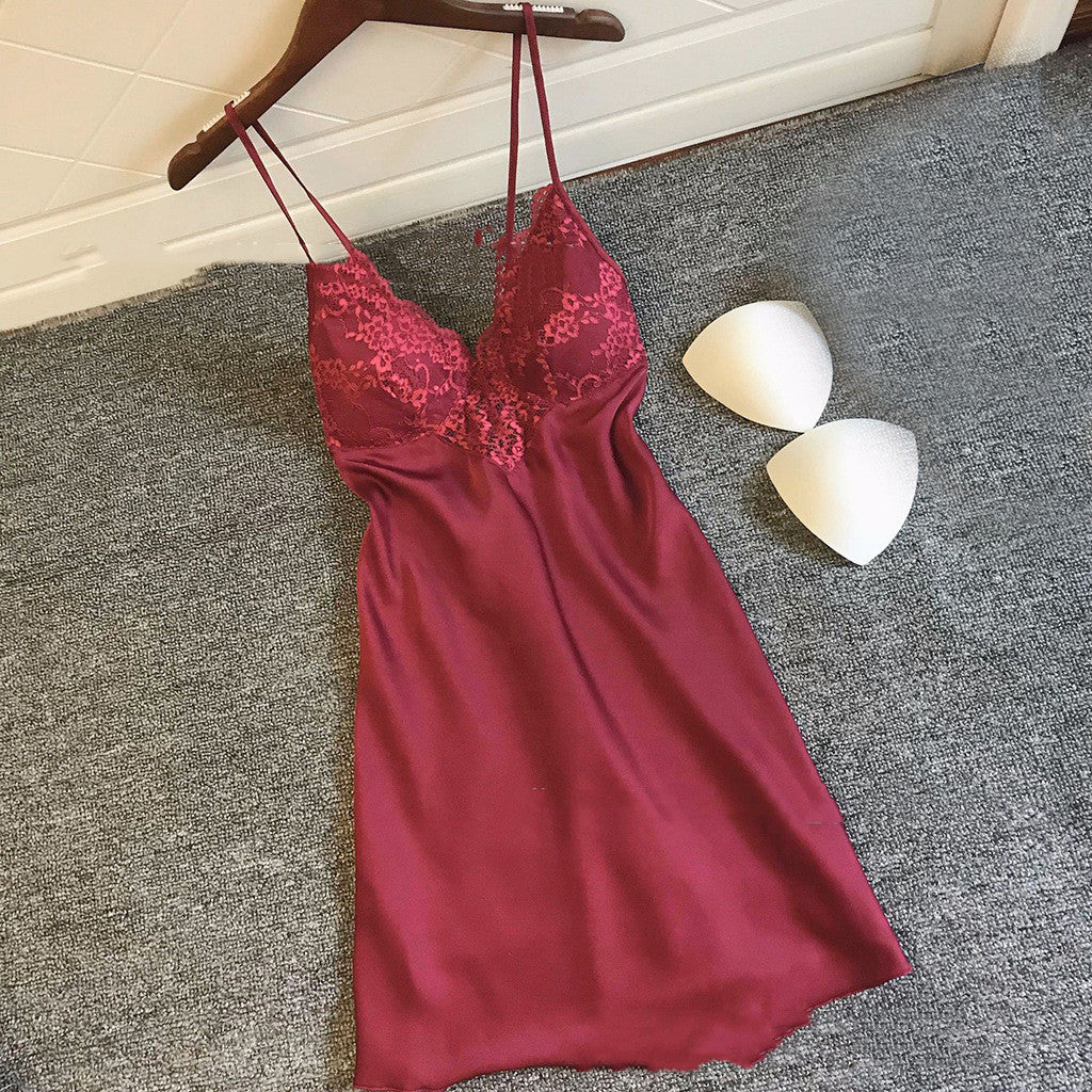 Satin Sling Slip Dress Pajamas with Built-In Chest Pad | Sexy Lingerie Nightgown
