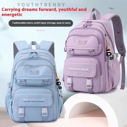 Two backpacks, one in blue and one in pink, with multiple compartments and the brand 'IMAGINE' written on the front.