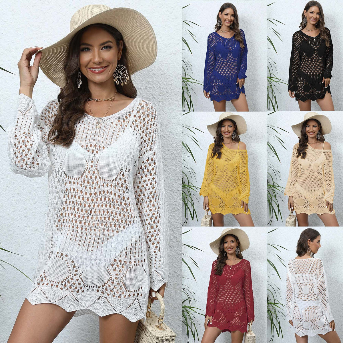 A collage of bikini cover-up blouses in various colors including black, white, blue, beige, yellow, and red, displayed on a woman posing with a hat.