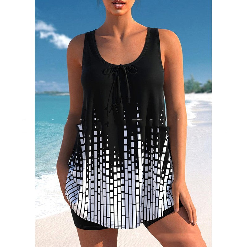A collage of three women's plus size skirted bikini swimsuits in various prints, including black and white geometric patterns, dark blue, and light blue stripes.