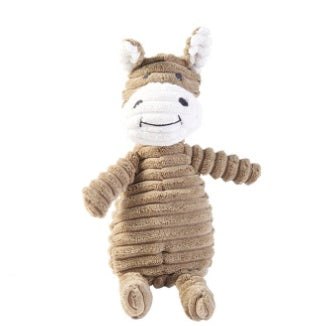A collection of plush animal toys including a pink pig, brown monkey, white rabbit, orange fox, and a gray sheep, all made from soft corduroy fabric.