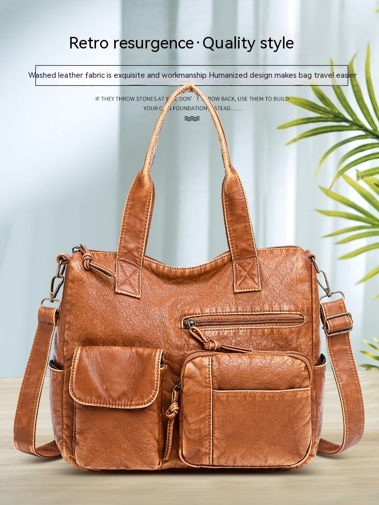 Women's Retro Washed Tote Bag – Soft Vegan-Friendly Imitation Leather Multi-Pocket Shoulder Handbag