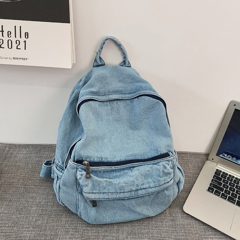 Washed Denim Backpack – Minimalist Canvas Shoulder Bag in Blue & Grey