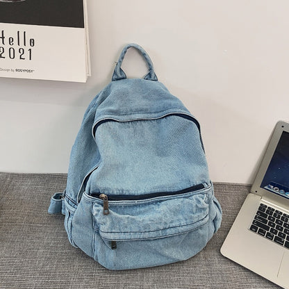 Washed Denim Backpack – Minimalist Canvas Shoulder Bag in Blue & Grey