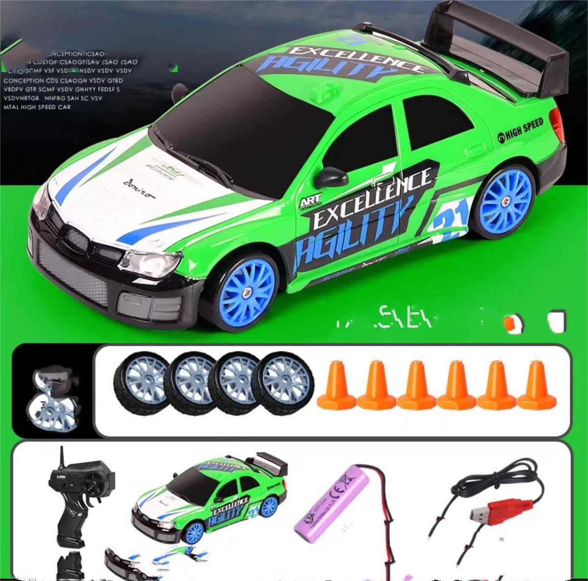 1:24 Scale RC Drift Car – 4WD Remote Control Racing Car with LED Lights & Traffic Cones