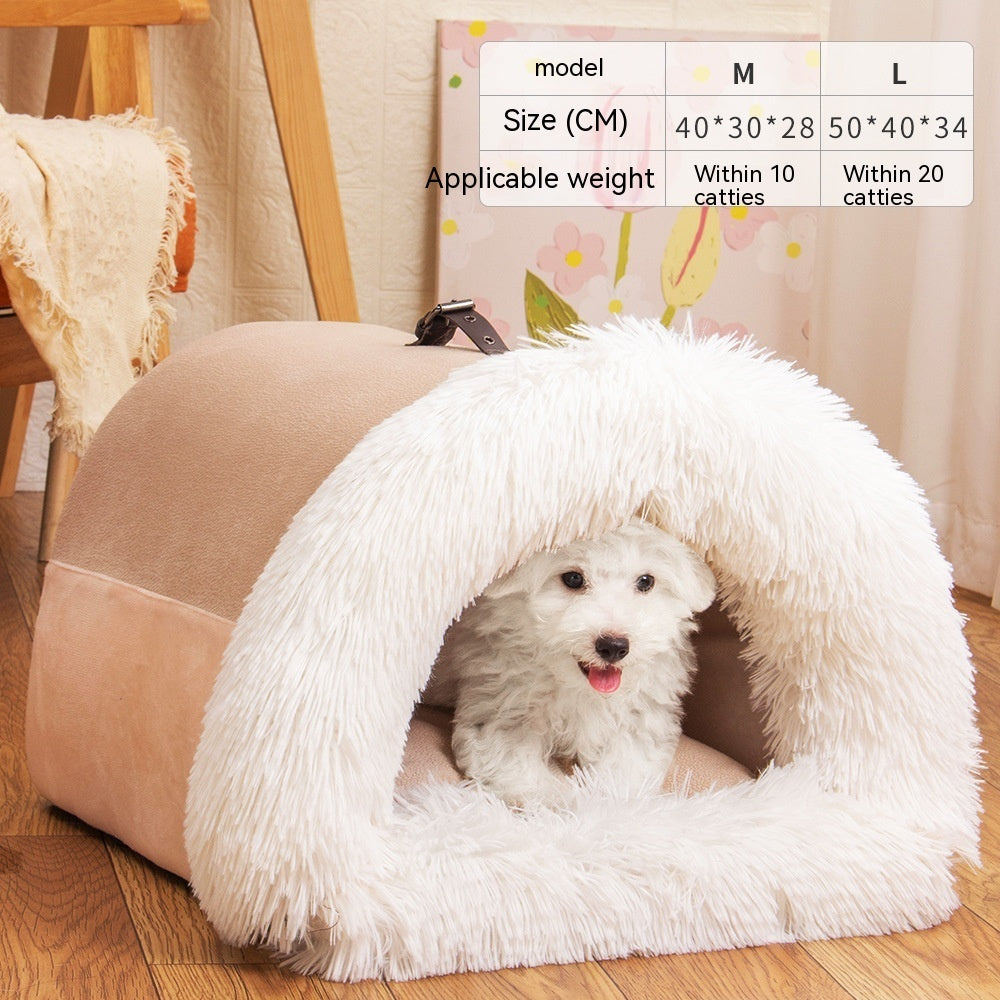 Plush Pet Nest Bed — Semi-Enclosed, 6 Styles, M & L