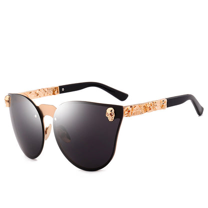 Skull Detail Cat-Eye Sunglasses – Mirrored Lens Metal Frame