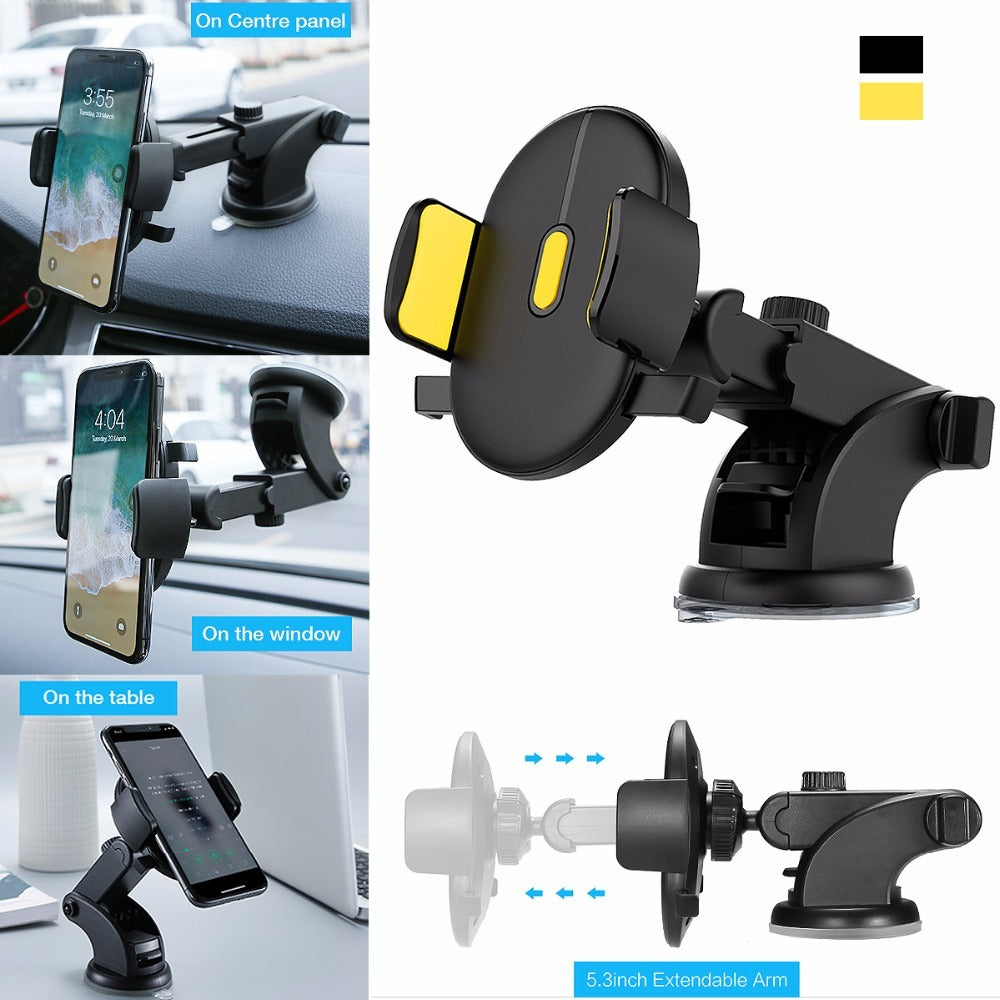 Collage of images showing a black car phone holder with a long telescopic rod and suction cup. It displays the holder attached to a car dashboard, phone held in portrait and landscape, and the suction cup mechanism.
