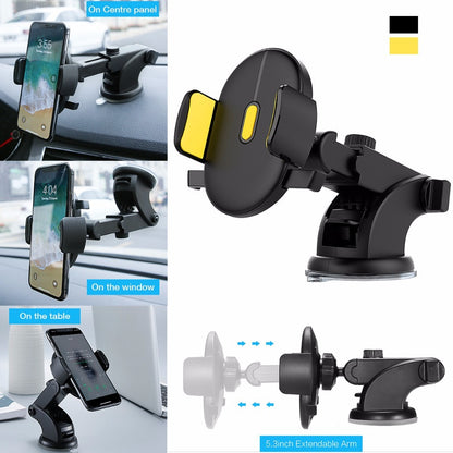 Collage of images showing a black car phone holder with a long telescopic rod and suction cup. It displays the holder attached to a car dashboard, phone held in portrait and landscape, and the suction cup mechanism.
