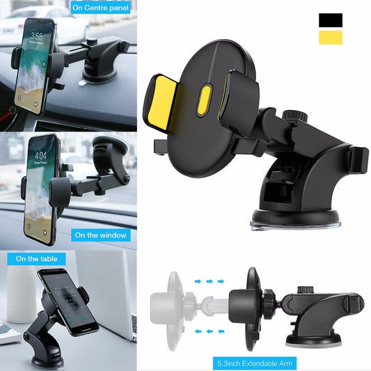 Collage of images showing a black car phone holder with a long telescopic rod and suction cup. It displays the holder attached to a car dashboard, phone held in portrait and landscape, and the suction cup mechanism.