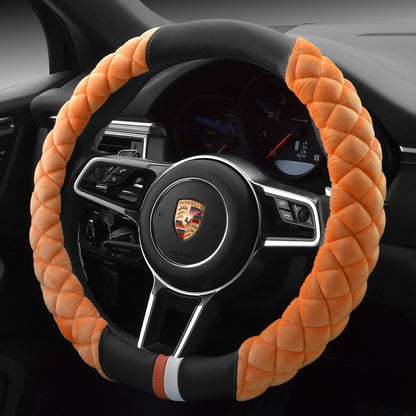 A red plush steering wheel cover with a black interior ring, designed for a vehicle's steering wheel.