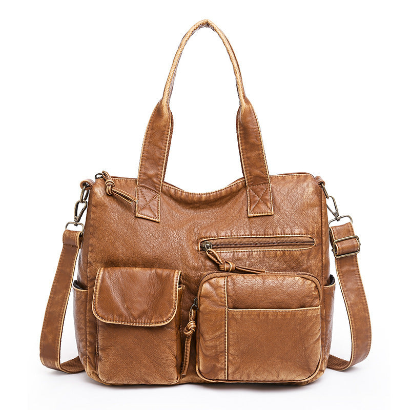 Women's Retro Washed Tote Bag – Soft Vegan-Friendly Imitation Leather Multi-Pocket Shoulder Handbag