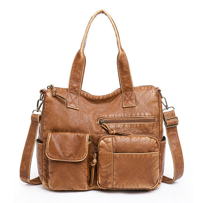 Women's Retro Washed Tote Bag – Soft Vegan-Friendly Imitation Leather Multi-Pocket Shoulder Handbag