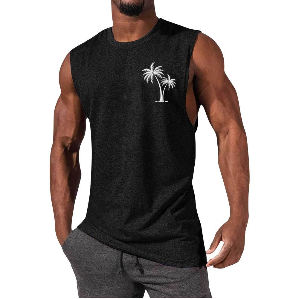 Men's Coconut Tree Embroidery Beach Tank Top – Summer Muscle Workout Shirt