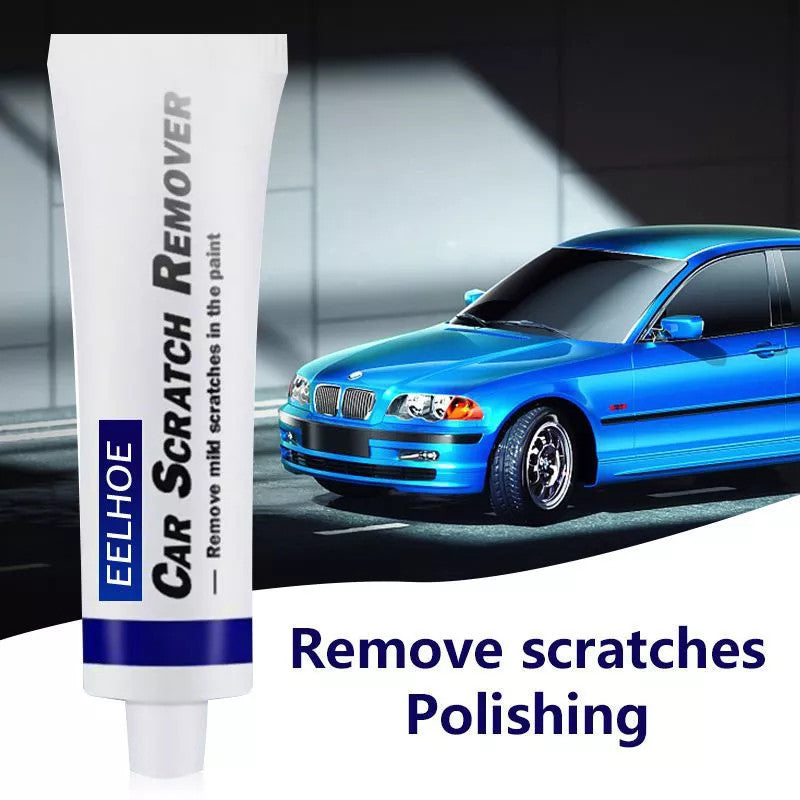 A tube of car scratch remover with a blue car in the background, indicating the product's use for removing scratches from a vehicle.