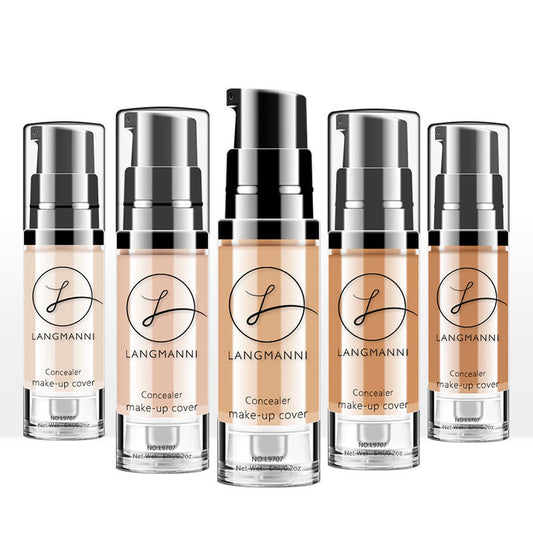 A range of liquid foundation concealer bottles in different shades, each with a black pump dispenser.