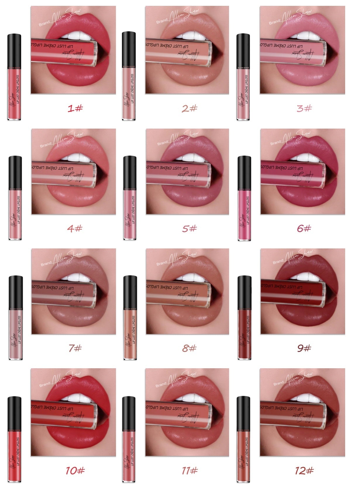 A collage of various lip colors, with the top image showing an open tube of lip gloss and a lip applicator. The other images show different shades of lip gloss applied to lips.