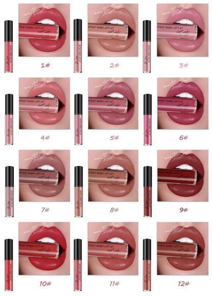 A collage of various lip colors, with the top image showing an open tube of lip gloss and a lip applicator. The other images show different shades of lip gloss applied to lips.
