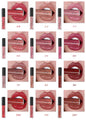 A collage of various lip colors, with the top image showing an open tube of lip gloss and a lip applicator. The other images show different shades of lip gloss applied to lips.