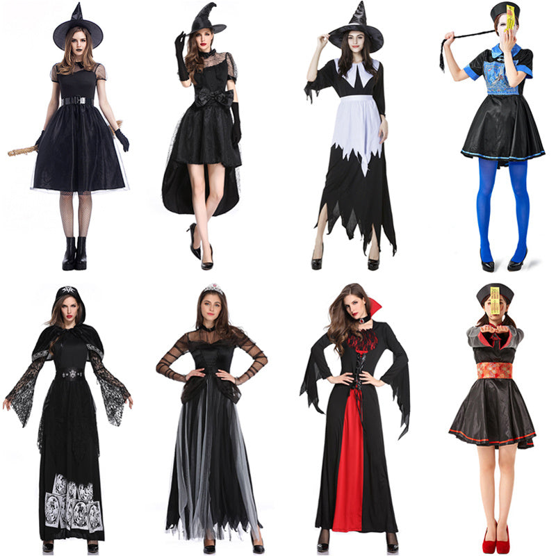 A collage of various Halloween costume ideas, featuring both male and female models in different costumes including a bride, a ghost, a vampire, and various witch costumes.