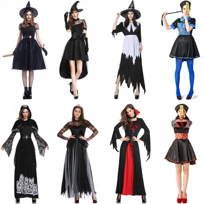 A collage of various Halloween costume ideas, featuring both male and female models in different costumes including a bride, a ghost, a vampire, and various witch costumes.