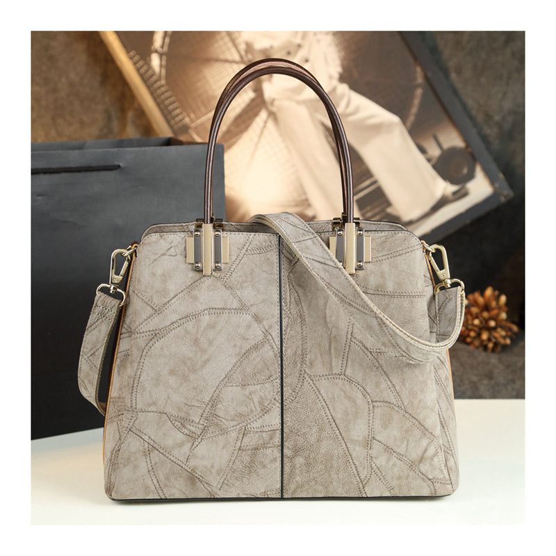 Women's Cow Split Leather Shoulder Bag – Structured Tote with Multi-Pocket Organizer