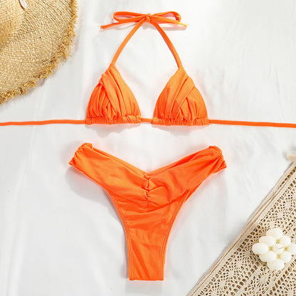 Women's Solid Color Pleated Bikini Set | Sexy High-Elasticity Two-Piece