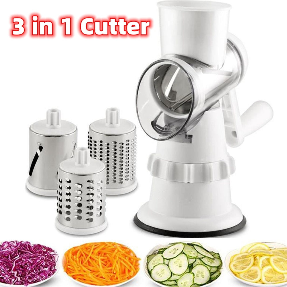 A white 3 in 1 vegetable slicer with interchangeable blades, displayed alongside examples of sliced vegetables.