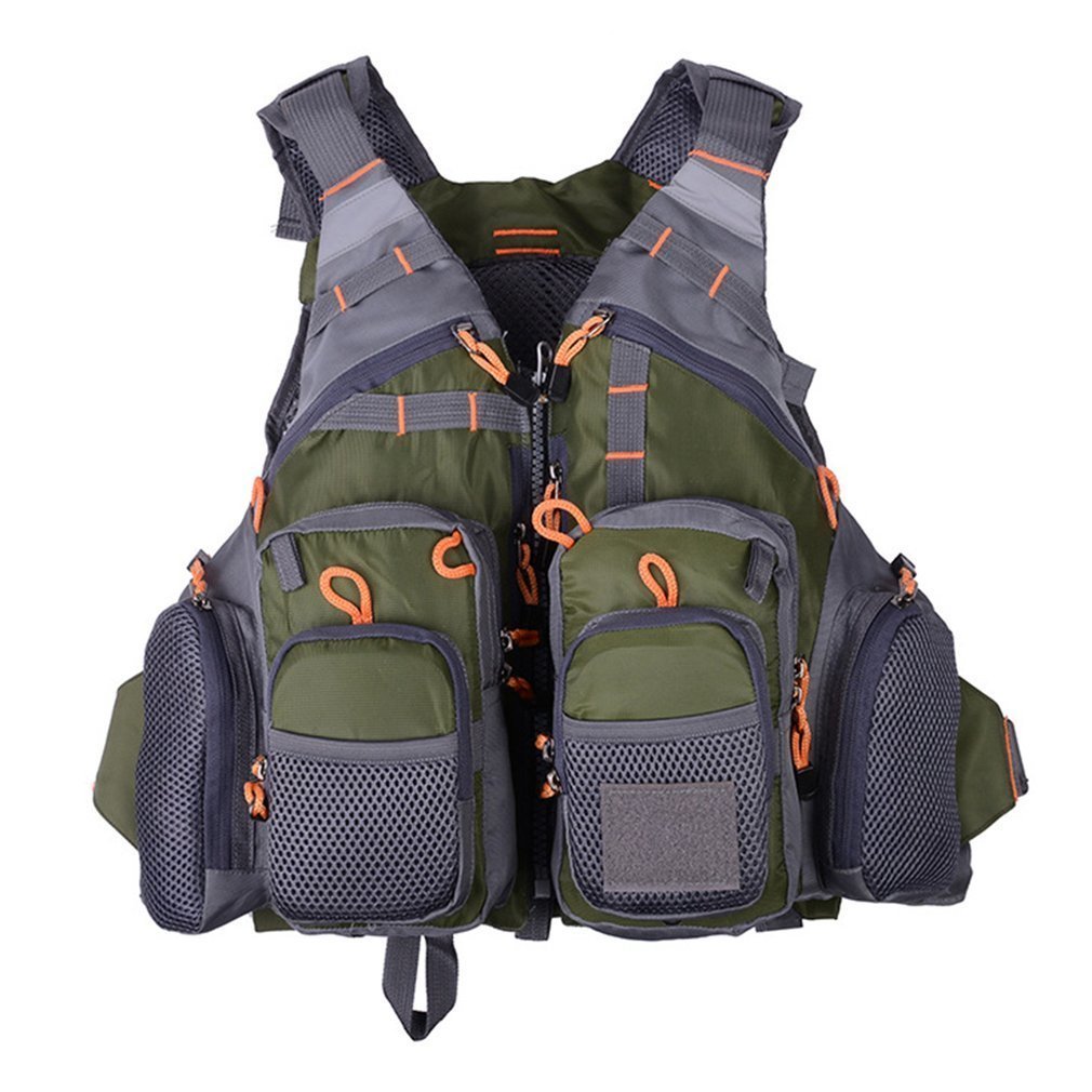 A green, gray, and orange life vest with multiple pockets and attachment ladders designed for fishing and outdoor activities.