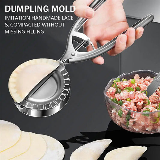 A stainless steel dumpling mold being used to shape dough with a hand pressing down on the mold, with a bowl of filling beside it.