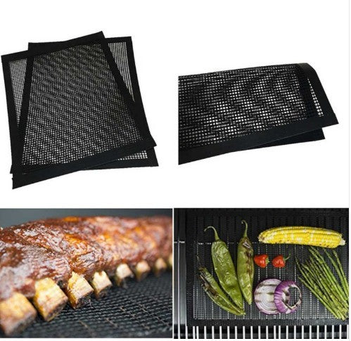 The image shows a pair of black Teflon mesh grill mats. One mat is displayed by itself, and the other is shown in use on a grill with vegetables and meat resting on top.