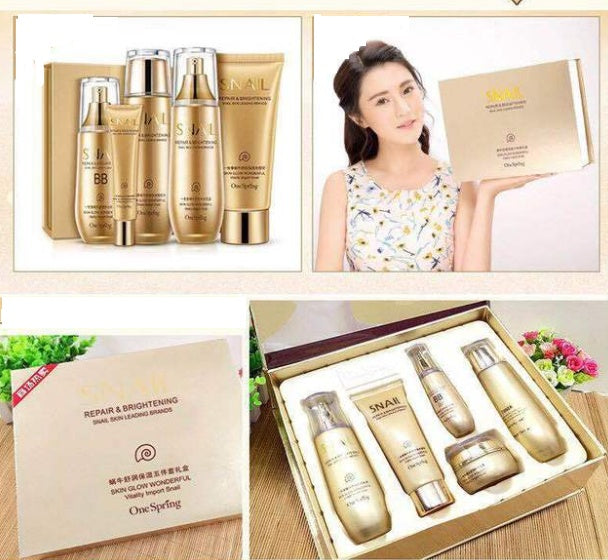 Collage of skincare product set with packaging and woman holding a box.